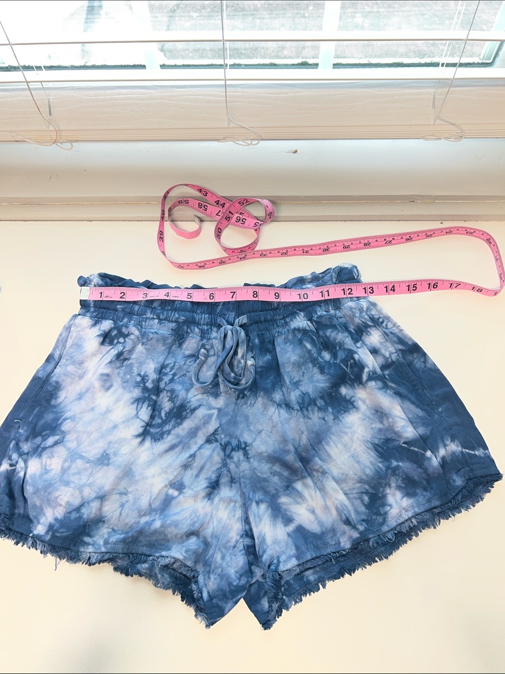 Bella Dahl Tie Dye Shorts, Elastic & Tie Waist, Small, Fringe Hem, Blue & White